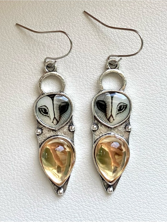Jewelry - Owl Drop Earrings with Amber Teardrop Gem